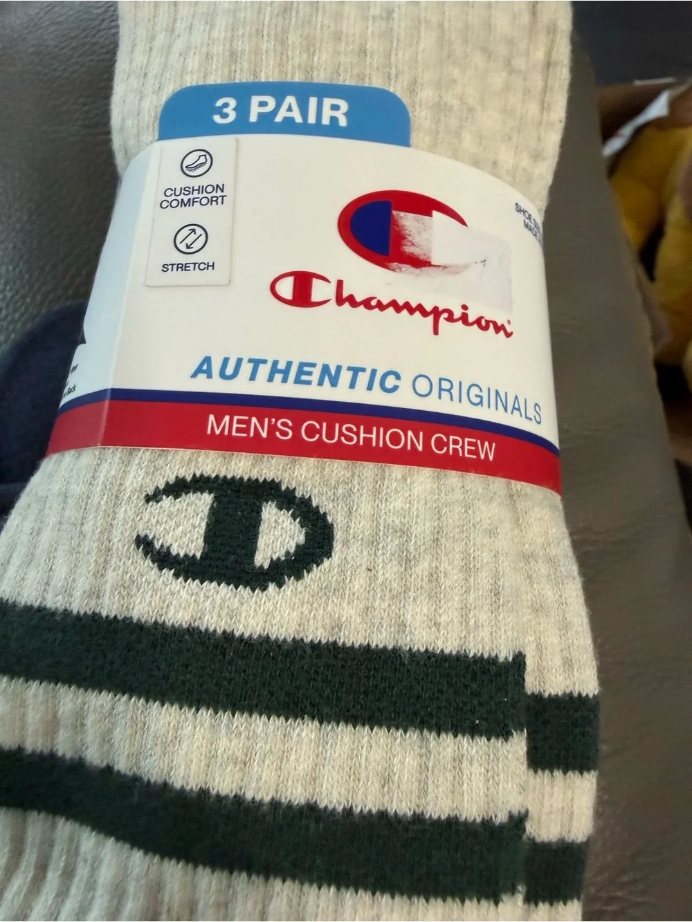 Champion Crew Socks in Cream with Dark Green Stripes (3 Pack)